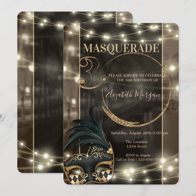 Convites Luzes de Corda com Máscara de Mascarada Aniversári (Frente/Verso)