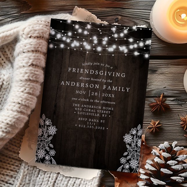 Convites Luzes de Corda com Renda e Madeira - Friendsgiving (Criador carregado)