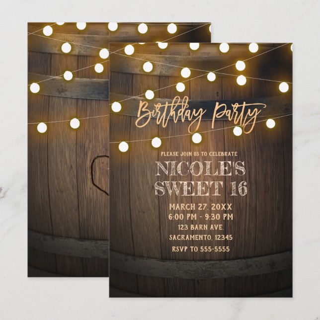 Convites Luzes de Corda de Barril de Madeira Rústica Festa  (Frente/Verso)