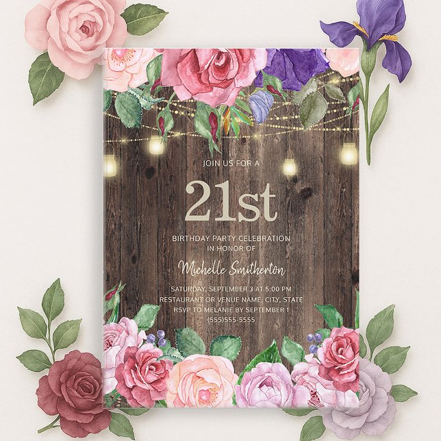 Convites Luzes de Corda de Flores Roxas Rosa Rústicas 21º (Pink and purple watercolor floral and string lights on rustic wood 21st birthday party invitation)