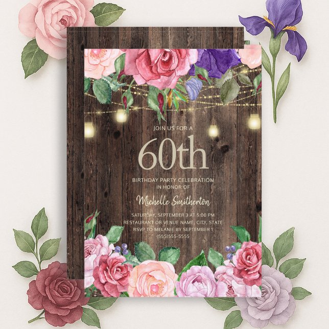 Convites Luzes de Corda de Flores Roxas Rosa Rústicas 60º (Pink and purple watercolor floral and rustic wood 60th birthday party invitation)