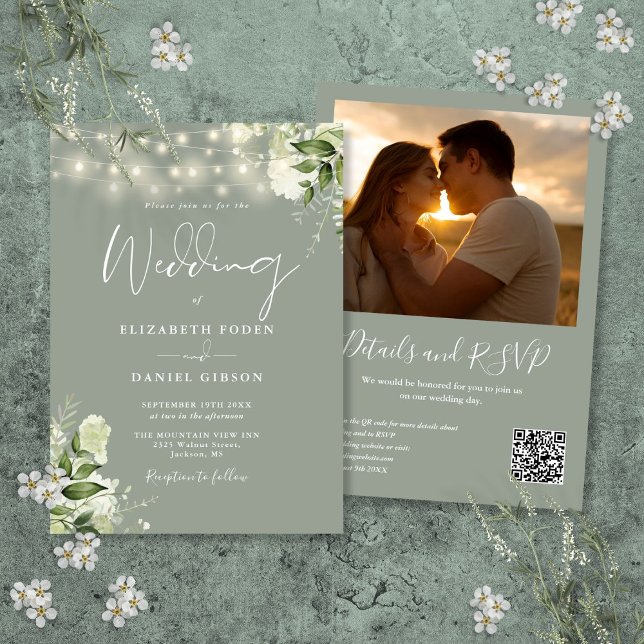 Convites Luzes de Corda de Folhagem Verde Salvia Código QR  (Sage Greenery String Lights QR Code Photo Wedding Invitation)