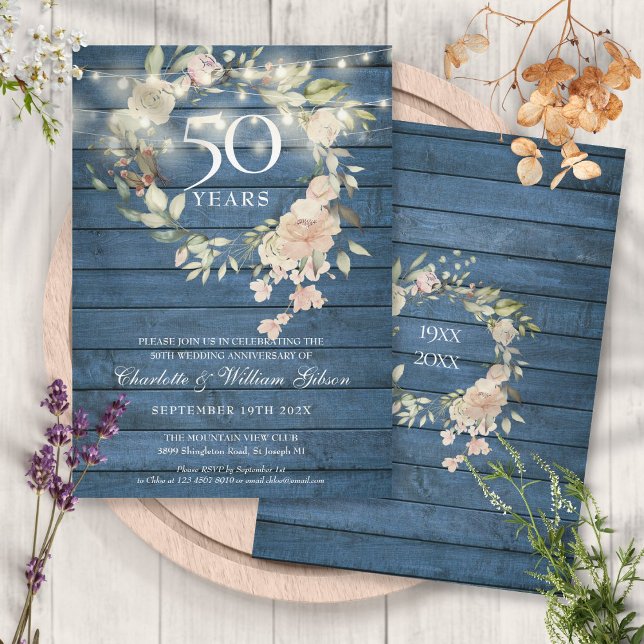 Convites Luzes de Corda de Madeira Azul Floral 50º Aniversá (Blue Wood String Lights Floral 50th Anniversary Invitation)