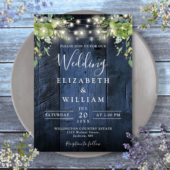 Convites Luzes de Corda de Madeira de Celeiro Azul com Casa (Blue Barn Wood String Lights Greenery Wedding Invitation)