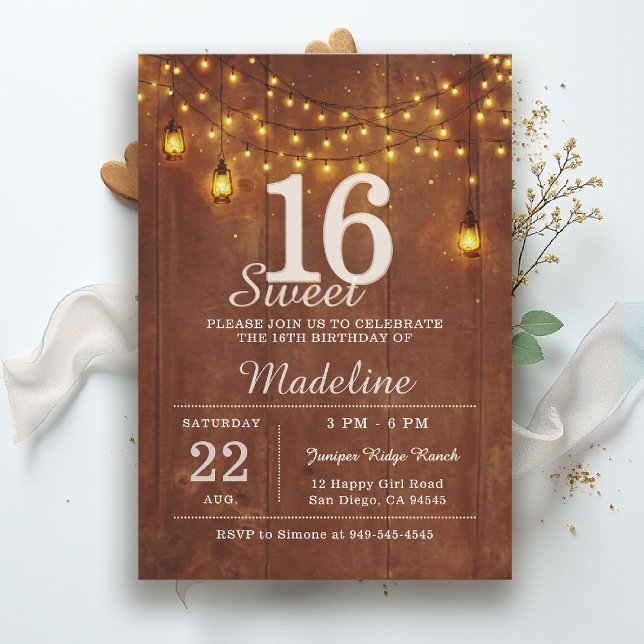 Convites Luzes de Corda de Madeira de Celeiro Rústico Lante (rustic sweet 16 birthday party invitation string lights barn wood lanterns brown gold outdoors )