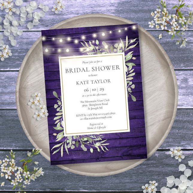 Convites Luzes de Corda de Madeira Roxa Verde Churrasco de  (Purple Wood String Lights Greenery Bridal Shower Invitation)