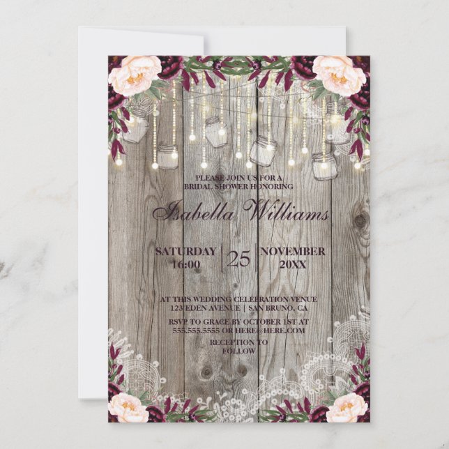 Convites Luzes de Corda de Madeira Russo Lace Jar Wood |Chá (Frente)