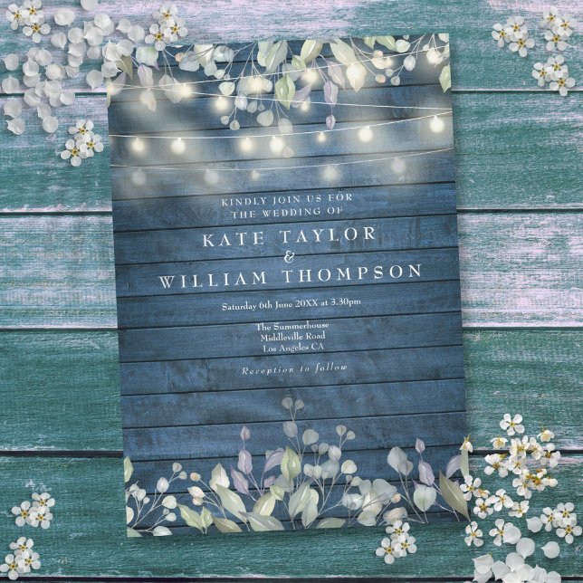 Convites Luzes de Corda de Madeira Rústica Azul Casamento c (Blue Rustic Wood String Lights Greenery Wedding Invitation)