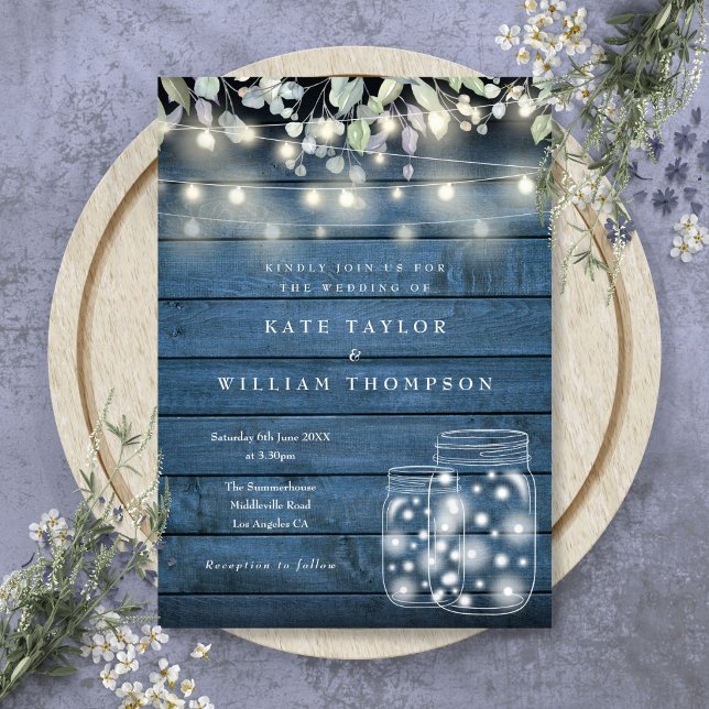 Convites Luzes de Corda de Madeira Rústica Azul Casamento e (Blue Rustic Wood String Lights Mason Jar Wedding Invitation
)
