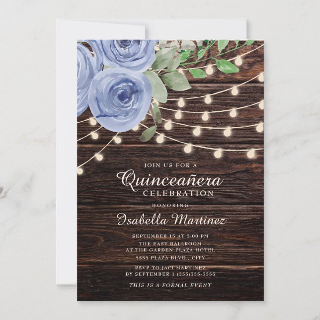Convites Luzes de Corda de Madeira Rústica Azul Quinceañera (Frente)