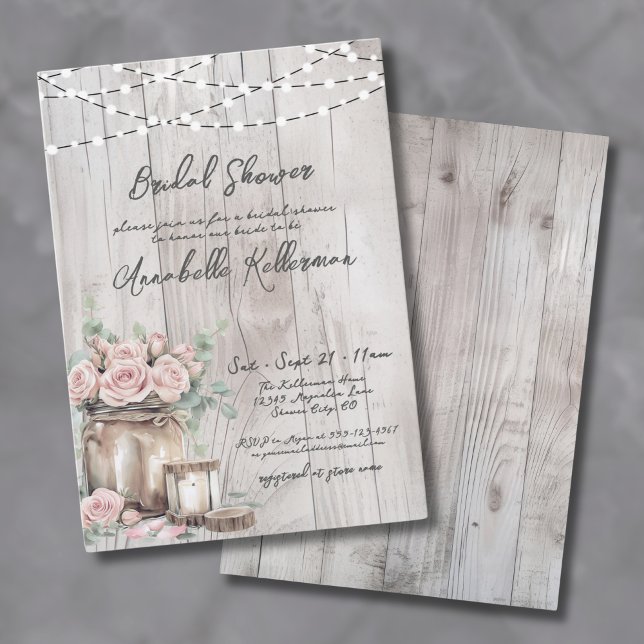 Convites Luzes de Corda de Madeira Rústica Chá de Noiva Cou (Rustic Wood String Lights Country Bridal Shower Invitation )