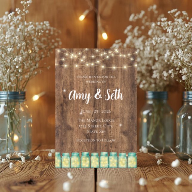 Convites Luzes de Corda de Madeira Rústica em Jarro de Pedr (Rustic barn wedding invite with blue mason jars and glowing string lights)