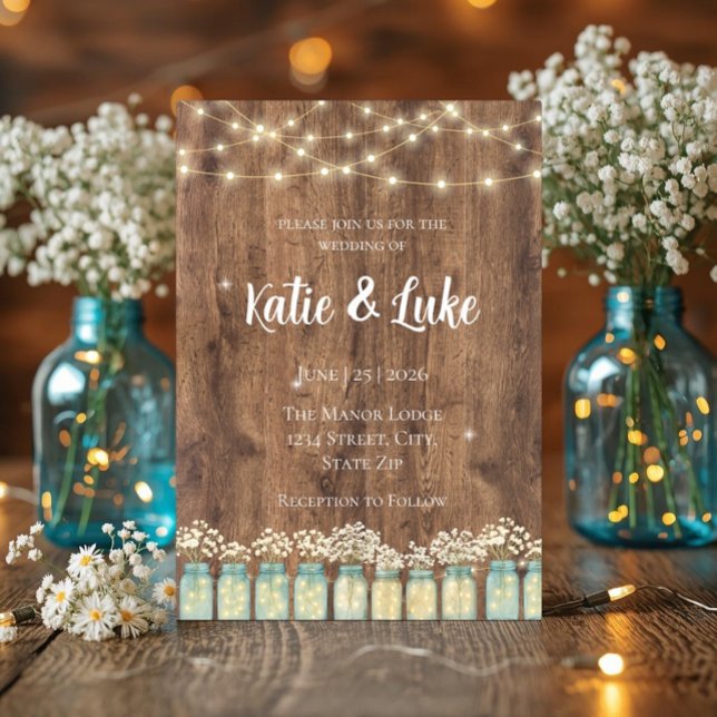 Convites Luzes de Corda de Madeira Rústica em Pote de Vidro (Rustic wood wedding invite with string lights, mason jars, and baby's breath.)