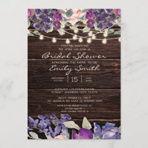 Convites Luzes de Corda de Madeira Rústica Floral Roxo Nupc