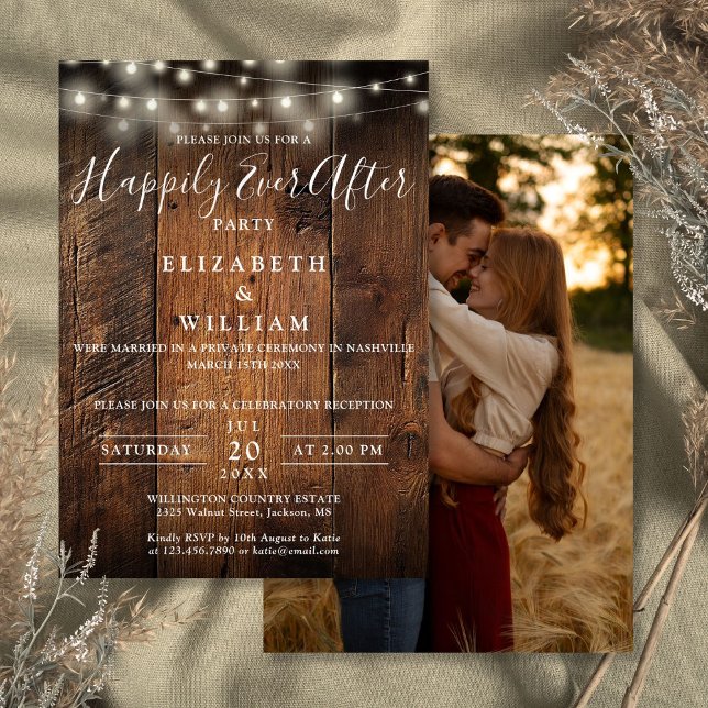 Convites Luzes de Corda de Madeira Rústica Foto Casamento R (Rustic Wood String Lights Photo Wedding Reception Invitation)