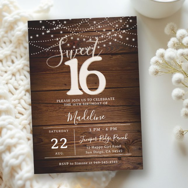 Convites Luzes de Corda de Madeira Rústica para um Sweet 16 (rustic sweet 16 birthday party invitation barn wood string lights backyard outdoors)