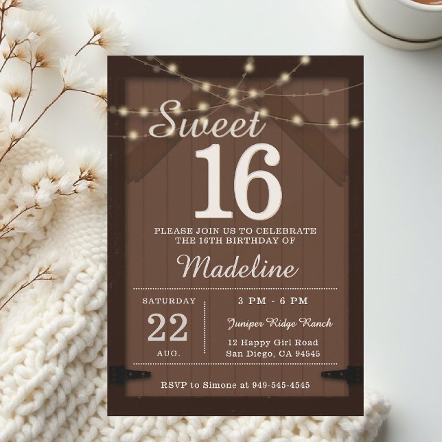 Convites Luzes de Corda de Madeira Rústica Porta do Celeiro (rustic sweet 16 birthday party invitation barn door wood string lights backyard outdoors cowboy west)