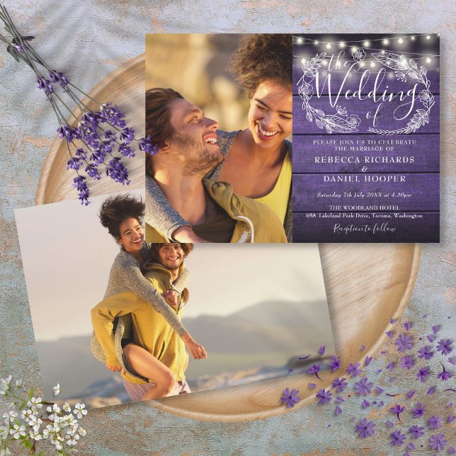 Convites Luzes de Corda de Madeira Rústica Roxa 2 Fotos Cas (Purple Rustic Wood 2 Photo String Lights Wedding Invitation)