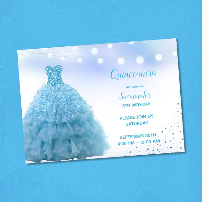 Convites Luzes de Corda de Vestido Azul Princesa Quinceaner (Criador carregado)