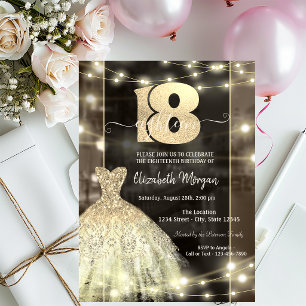 Convites Luzes de Corda de Vestido Dourado Aniversário de 1