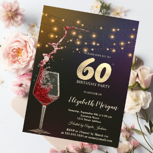 Convites Luzes de Corda de Vinho Tinto Aniversário de 60 An