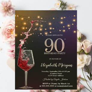 Convites Luzes de Corda de Vinho Tinto Aniversário de 90 An