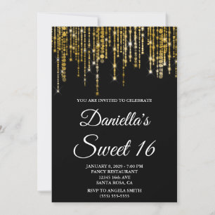 Convites Luzes de Corda Dourada Espelhada Black Sweet 16