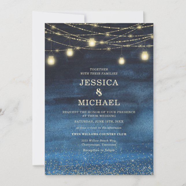 Convites Luzes de Corda Douradas Casamento Azul Marinho (Frente)