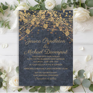 Convites Luzes de Corda Douradas Rústicas Glam para Casamen