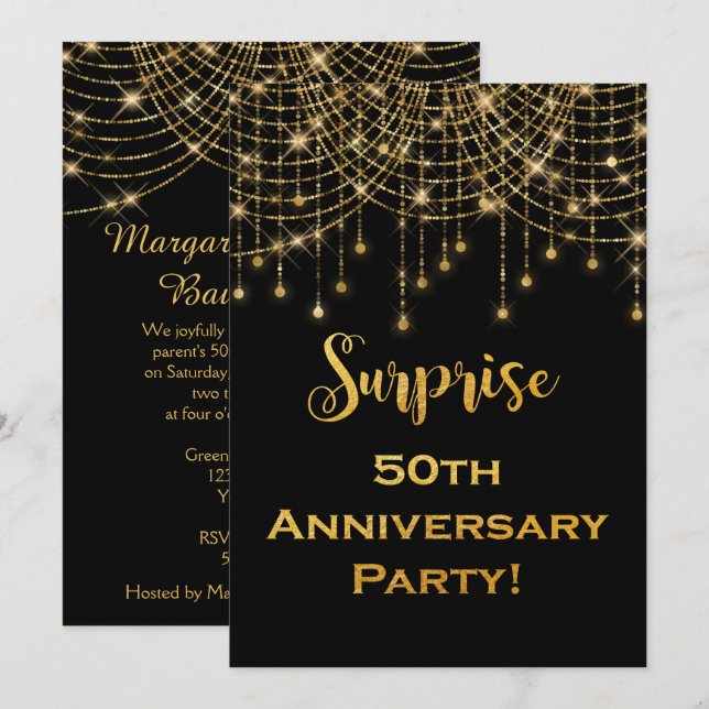 Convites Luzes de Corda Douradas Texto Dourado Aniversário  (Frente/Verso)