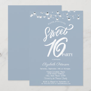 Convites Luzes de Corda Elegantes Azul Empoeirado Sweet 16
