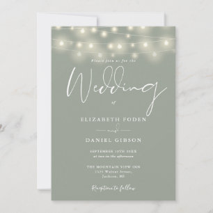 Convites Luzes de Corda Elegantes Casamento Verde Sage