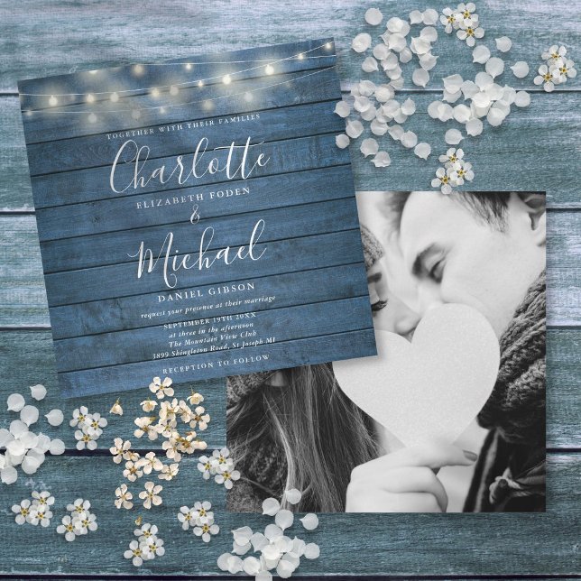 Convites Luzes de Corda em Madeira Rústica Azul Casamento F (Blue Rustic Wood String Lights Wedding Photo Invitation)