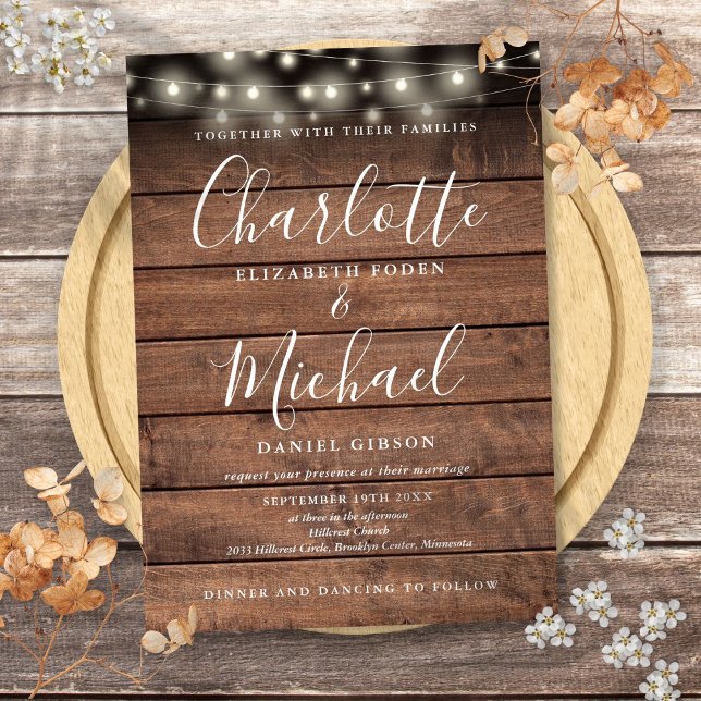 Convites Luzes de Corda em Madeira Rústica para Casamento (Rustic Wood String Lights Script Wedding Invitation)