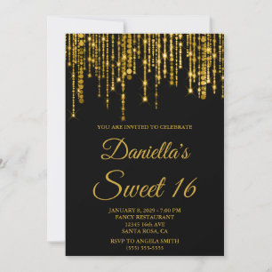 Convites Luzes de Corda Espelhadas Douradas Black Sweet 16
