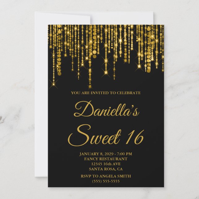 Convites Luzes de Corda Espelhadas Douradas Black Sweet 16 (Frente)