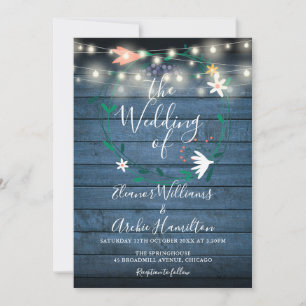 Convites Luzes de Corda Florais Azul Casamento de Madeira R