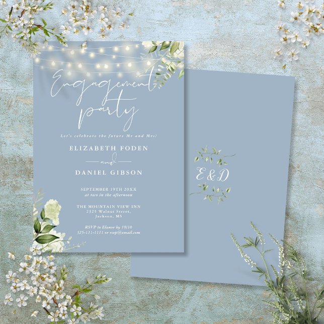 Convites Luzes de Corda Florais Azul Empoeirado Festa de No (Floral String Lights Dusty Blue Engagement Party Invitation)