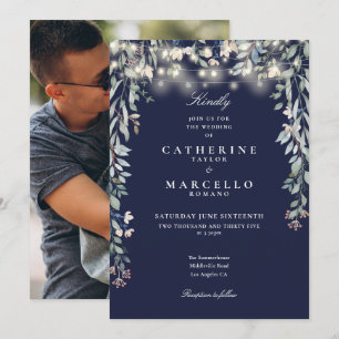 Convites Luzes de Corda Florais Azul Marinho Foto Casamento