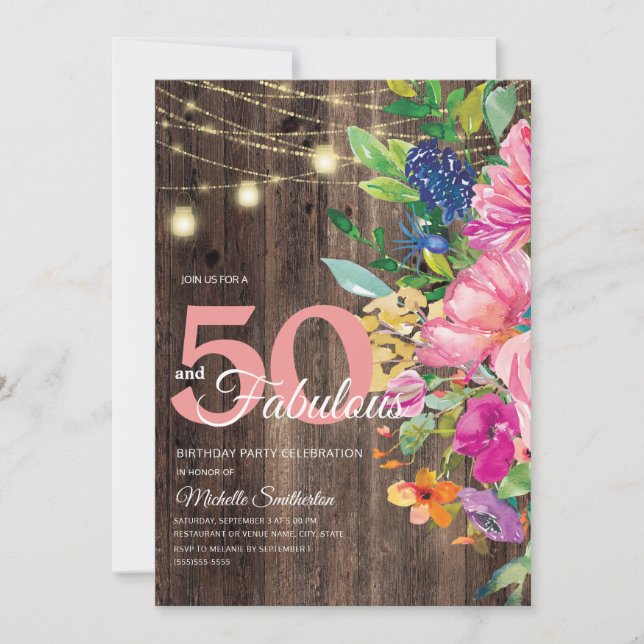 Convites Luzes de Corda Florais Rosa de Madeira Rústica 50  (Frente)