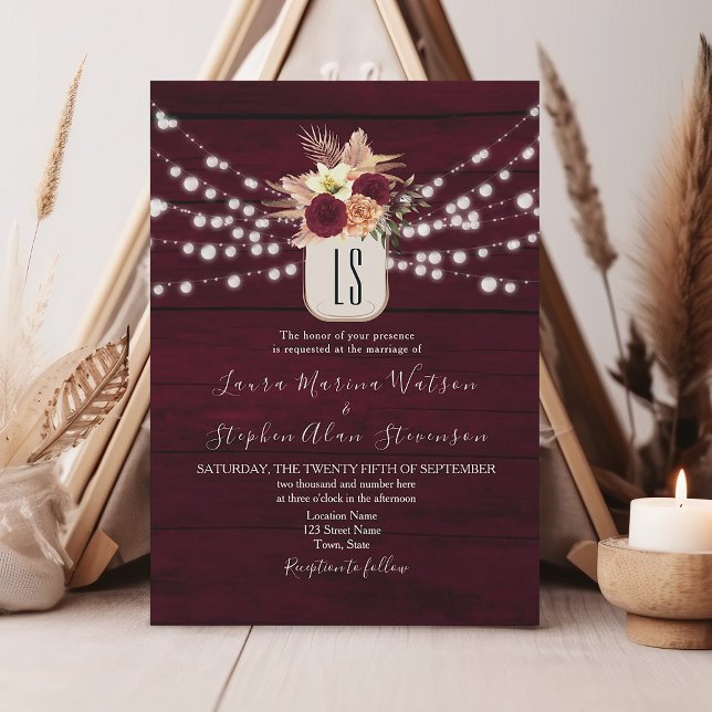 Convites Luzes de Corda Floral Burgundy Rústica Casamento (Criador carregado)