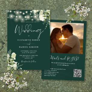 Convites Luzes de Corda Floral Esmeralda Código QR Foto Cas