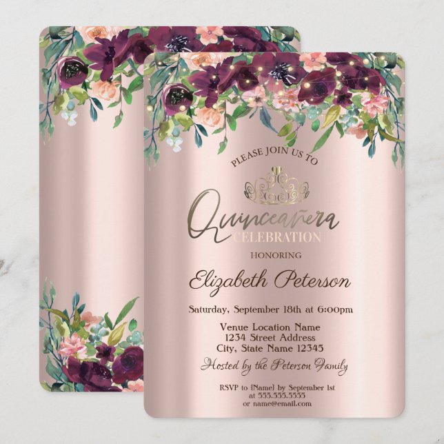 Convites Luzes de Corda Flores de Borgonha Rosas Quinceañer (Frente/Verso)