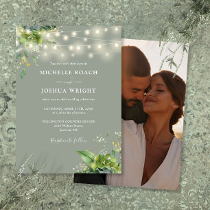 Convites Luzes de Corda Folhagem Foto Casamento Verde Sage