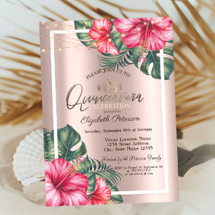 Convites Luzes de Corda Hibisco Dourado Rosa Quinceañera