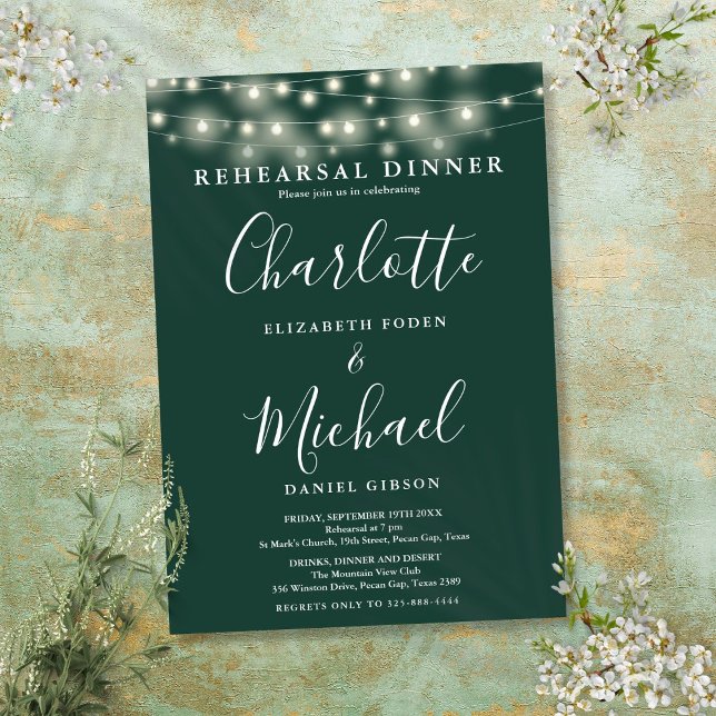 Convites Luzes de Corda Jantar de Ensaios Emerald Script (String Lights Emerald Script Rehearsal Dinner Invitation)
