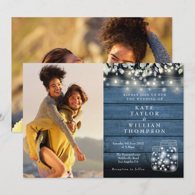 Convites Luzes de Corda Jarras Rústicas Folhagens 2 Fotos C (Frente/Verso)