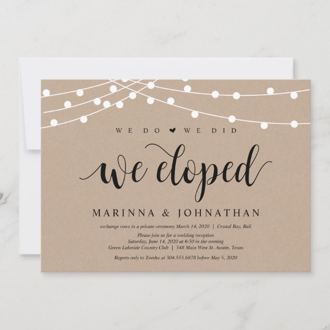 Convites Luzes de Corda Kraft, fonte Preta, Casamento Fuga (Frente)