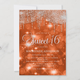 Convites Luzes de Corda Laranja Elegantes Bokeh Sweet 16
