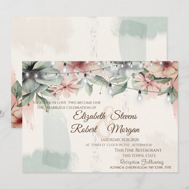 Convites Luzes de Corda, Pincelada, Casamento Floral (Frente/Verso)